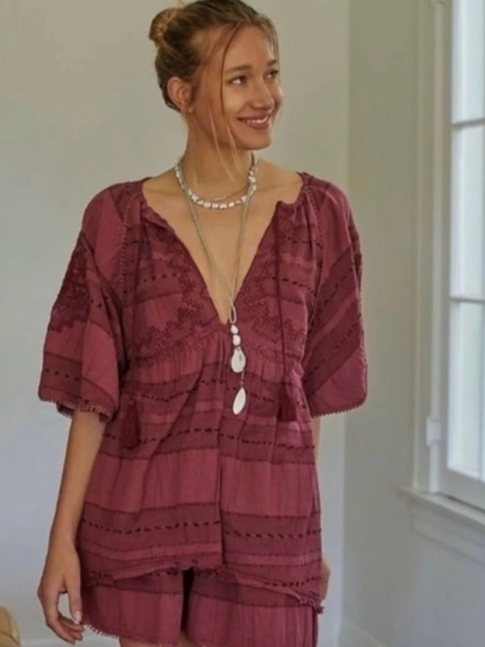 Free People Boho V-Neck Tunic Top in Dusty Rose